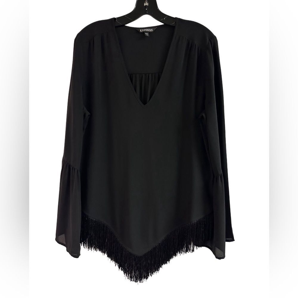 Express Black Sheer Fringe Hem Bell Sleeve Top Size L